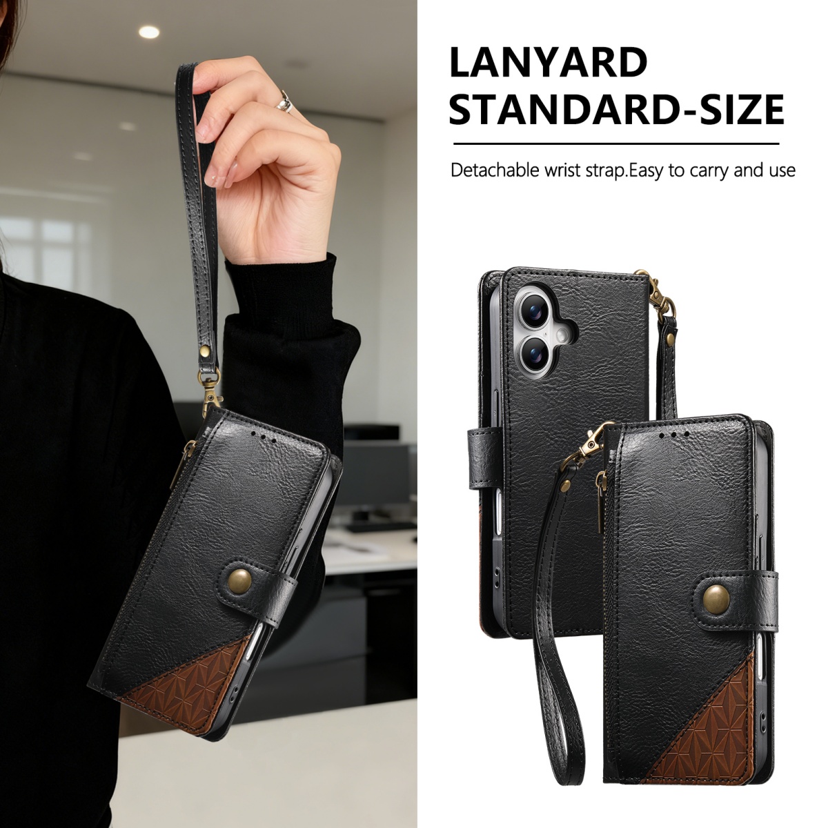Wallets - เคสโทรศัพท์แบบพับได้พร้อมช่องใส่บัตร สายคล้องข้อมือแบบซิป หนัง PU สำหรับ Samsung