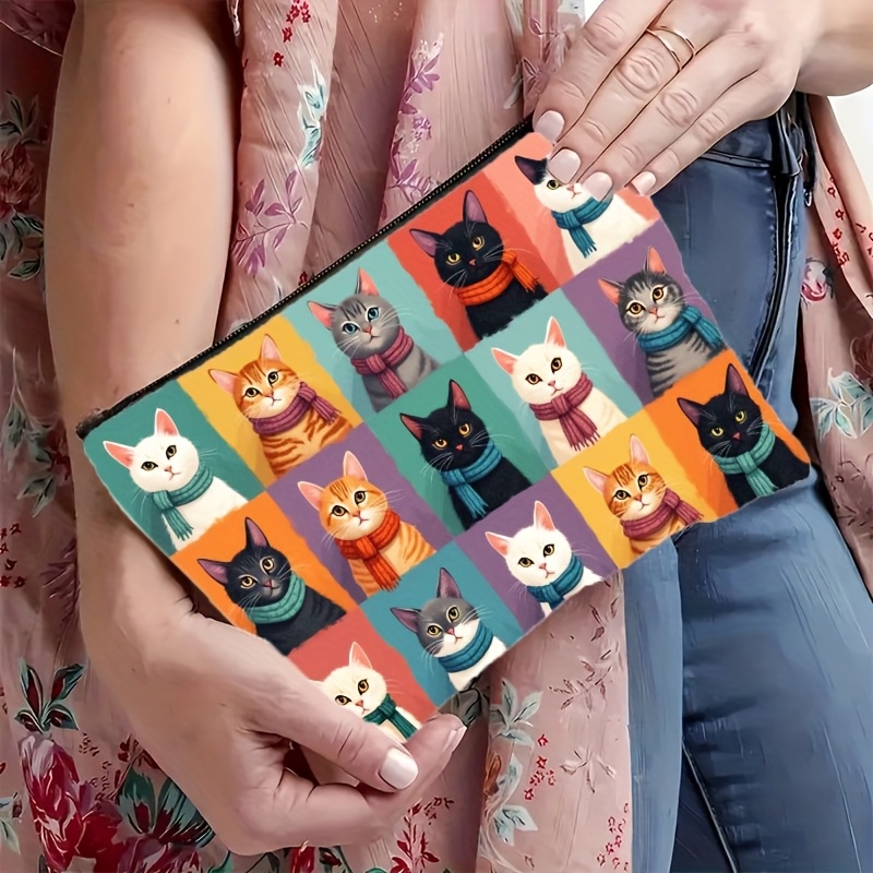 Cosmetic Bags - กระเป๋าแต่งหน้าพิมพ์ลายแมวน่ารักพร้อมซิปปิด ของขวัญสำหรับผู้หญิงและผู้ชายแบบพกพาสำหรับคนรักแมว พร้อมลายหน้าแมวและรอยเท้าที่สดใส