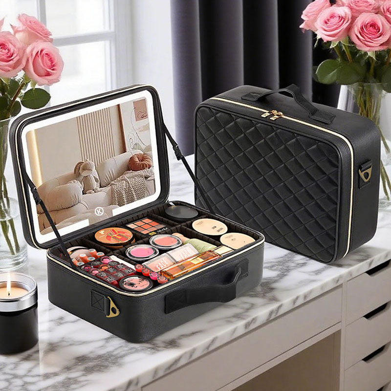 Cosmetic Bags - กระเป๋าเครื่องสำอางเดินทางขนาดใหญ่พร้อมกระจก, กล่องใส่เครื่องสำอางและอุปกรณ์ทำเล็บแบบแบ่งโซน, กระจกแต่งหน้าแบบมีไฟ LED 3 โหมดสี